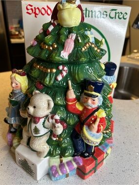 Spode Hand-Painted Christmas Tree Cookie Jar with Toys and Teddy